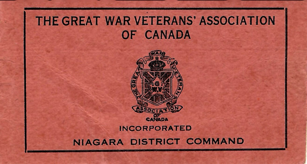 Red card with coat of arms placed in center. “The Great War of Veterans’ Association of Canada” written within a black frame, a long length of card, with a logo and “Incorporated: Niagara District Command” placed below.