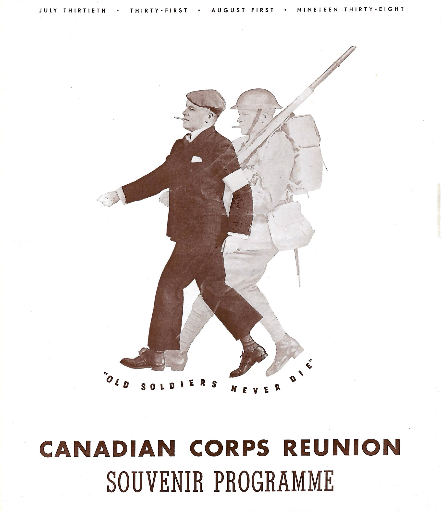 White poster depicting image of male civilian and soldier marching in parallel, with the slogan ‘Old soldiers never die.’