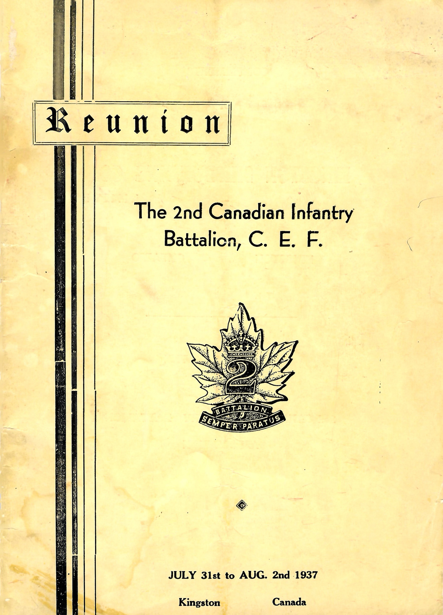Event booklet for the 1937 Reunion of the 2nd Canadian Infantry Battalion, held in Kingston.