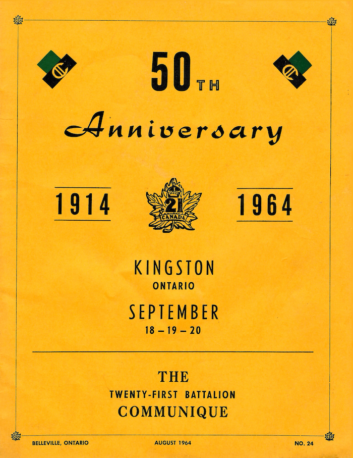 Yellow paper advertising the date and location of the 21st battalion’s semicentennial.