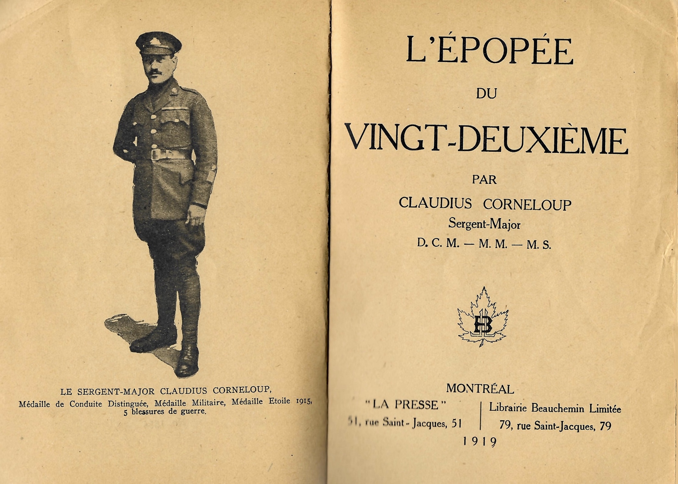Inside the book, the left page depicts a black-and-white portrait of man posing in officer attire and the right-hand side depicts title, author and printing location.