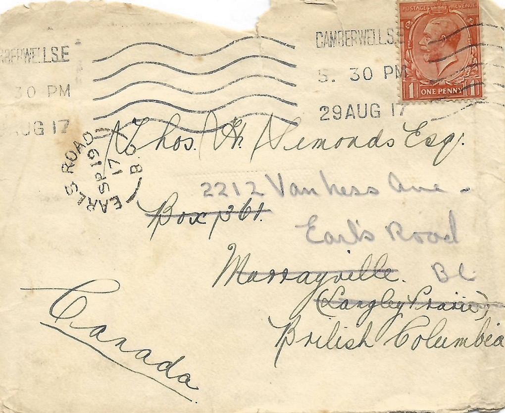 close up of post card envelope dated august 29 1917, part of a red stamp cut off frame.