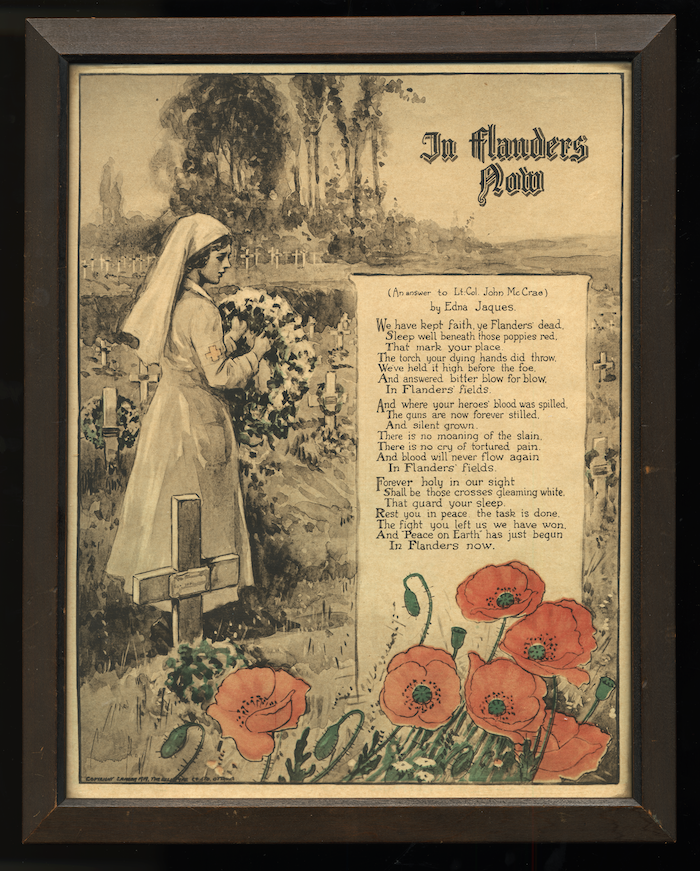 Framed black-and-white illustration of nurse walking through a cemetery with wreath in hand, in a blank space to the right of her is a poem. Red poppies litter the foreground, while grouping of trees and crosses lie in the background
